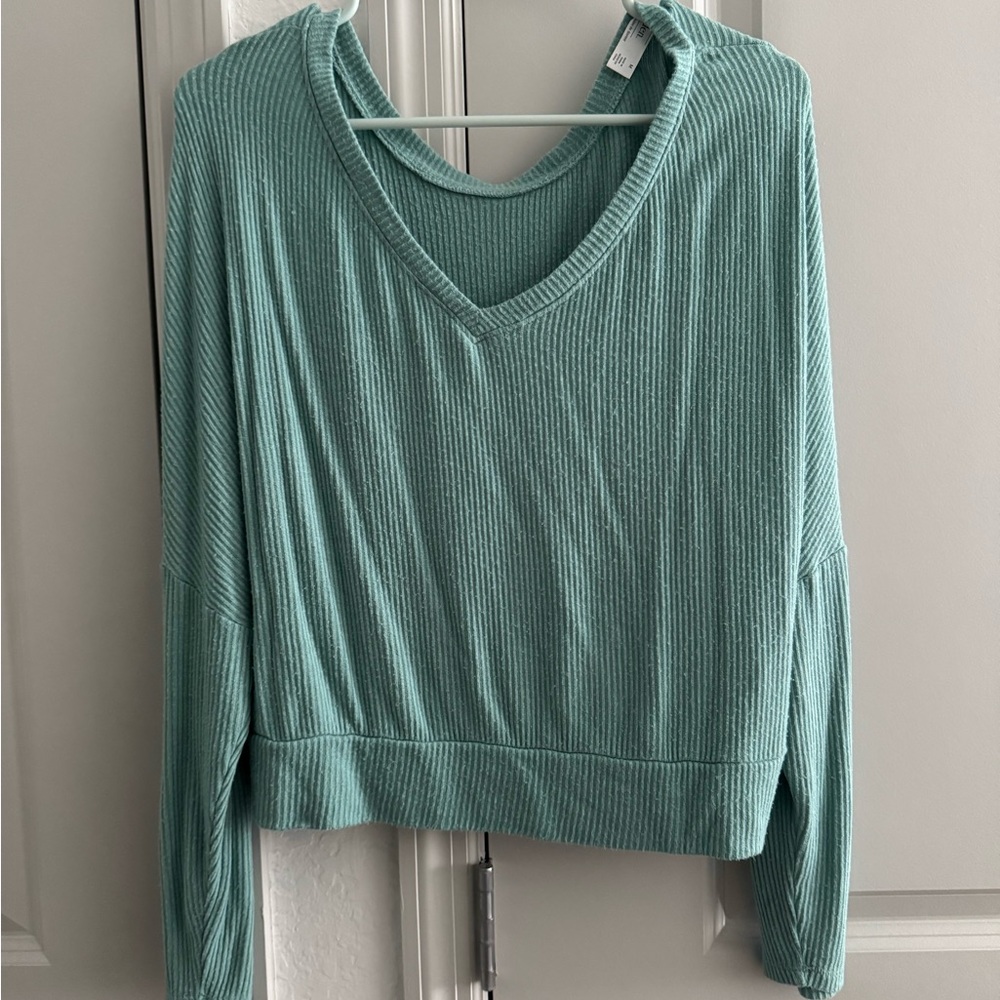Auden Mint Ribbed V-Neck Hoodie
